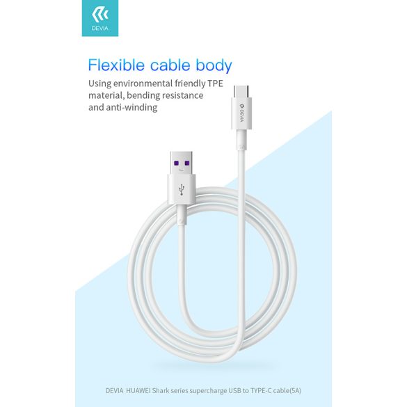 Devia USB - Cablu de încărcare și date USB Type-C cu cablu de 1,5 m - Devia Shark Supercharge USB Type-C - 5A - alb