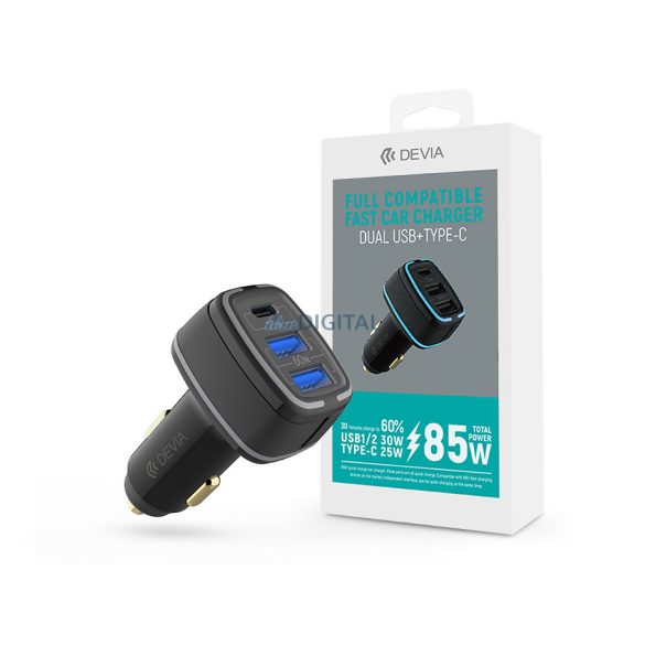 Adaptor pentru încărcător pentru brichetă Devia cu 2xUSB + intrare Type-C - 85W - Încărcător rapid pentru mașină Devia Extreme Speed ​​​​dual + Type-C compatibil complet - negru