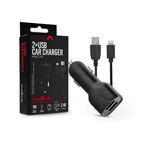 Adaptor pentru încărcător brichetă Maxlife 2xUSB + USB - Cablu Lightning cu cablu de 1 m - Maxlife MXCC-01 Încărcător rapid pentru mașină Lightning 2xUSB - 5V/2.4A - negru