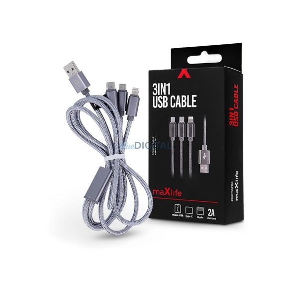 Maxlife Cablu USB de încărcare și date cu cablu de 1 m - Maxlife 3in1 pentru Lightning/microUSB/Type-C Cablu USB - 5V/2A - argintiu