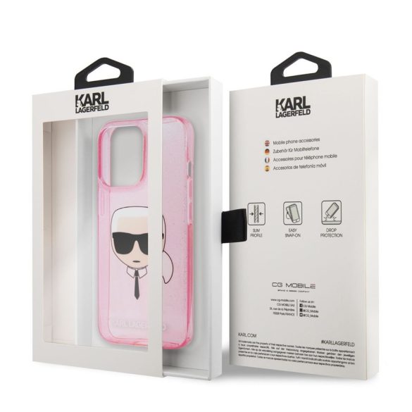 Husă din spate cu sclipici pentru Apple iPhone 13 Pro Max KARL LAGERFELD KLHCP13XKHTUGLP - roz
