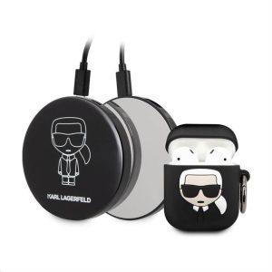 Apple Airpods 1/2 + Powebank KARL LAGERFELD KLBPPBOA2K Suport și încărcător din silicon lichid - negru