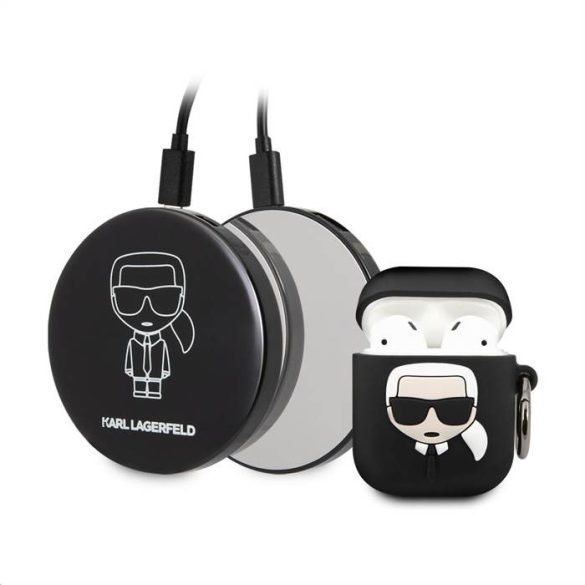 Apple Airpods 1/2 + Powebank KARL LAGERFELD KLBPPBOA2K Suport și încărcător din silicon lichid - negru