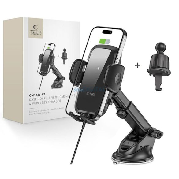 Încărcător auto Tech-Protect CM15W-V1 Încărcător auto wireless 15W și suport - negru