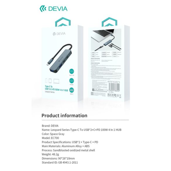 Devia EC700 Leopard 4in1 Multi PD HUB Adaptor - Grafit