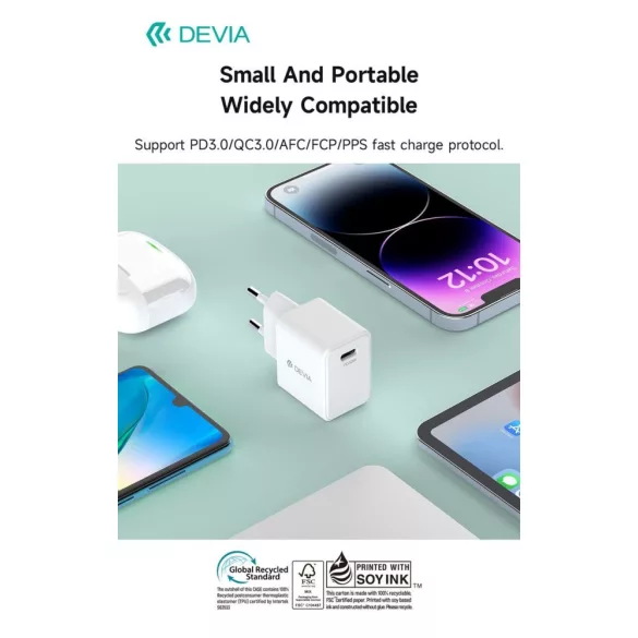 Încărcător de rețea Devia EA455 GRS PD 30W GaN - Alb