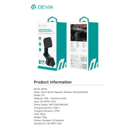 Încărcător de mașină și suport magnetic inteligent magnetic Devia X15 - negru