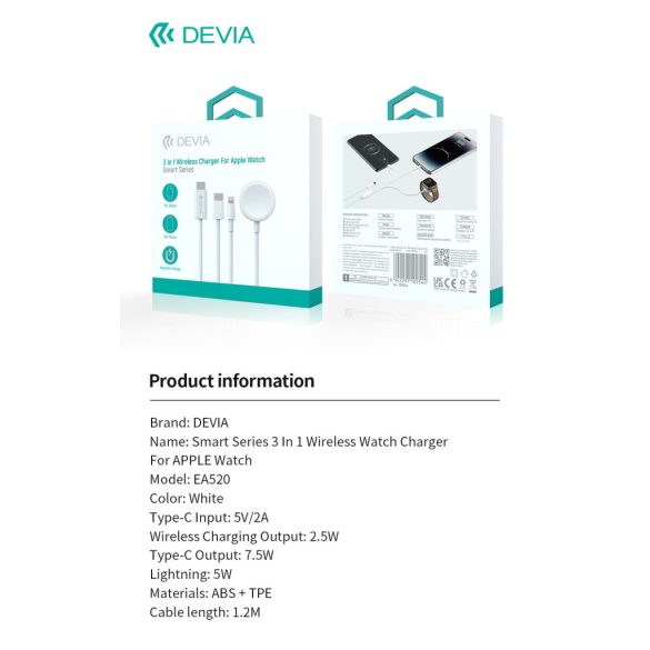DEVIA EA520 Smart 3in1 Magnetic Wireless Apple iWatch Charger - Alb