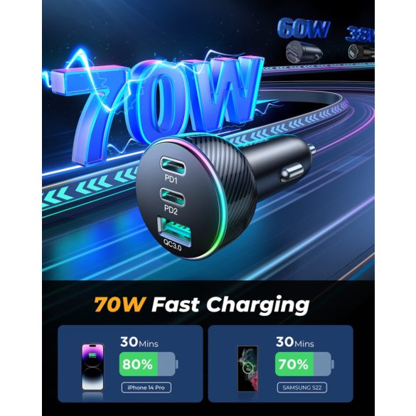 Încărcător auto Joyroom JR-CL26 2xPD+QC 3.0 70W RGB LED - negru