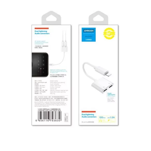 JOYROOM S-M403 Ben 2X Lightning Audio și Adaptor de încărcare - Alb